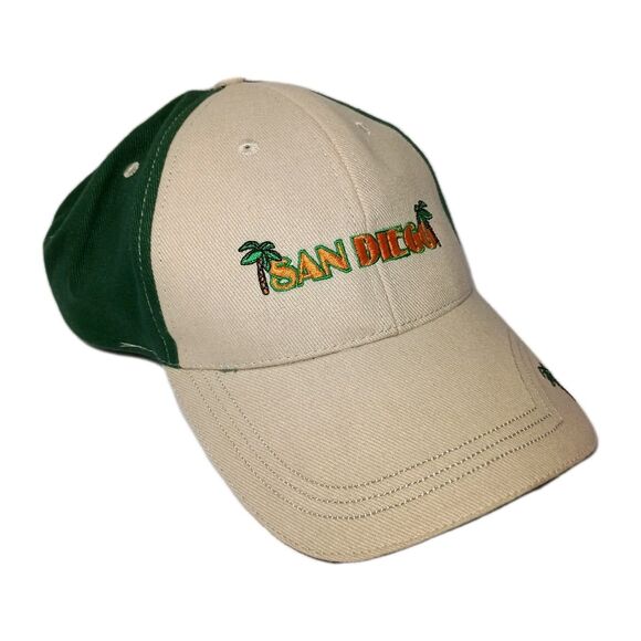 Rare San Diego Tan Adjustable Hat Beige Baseball Cap Green Palm Trees Khaki - Picture 2 of 16